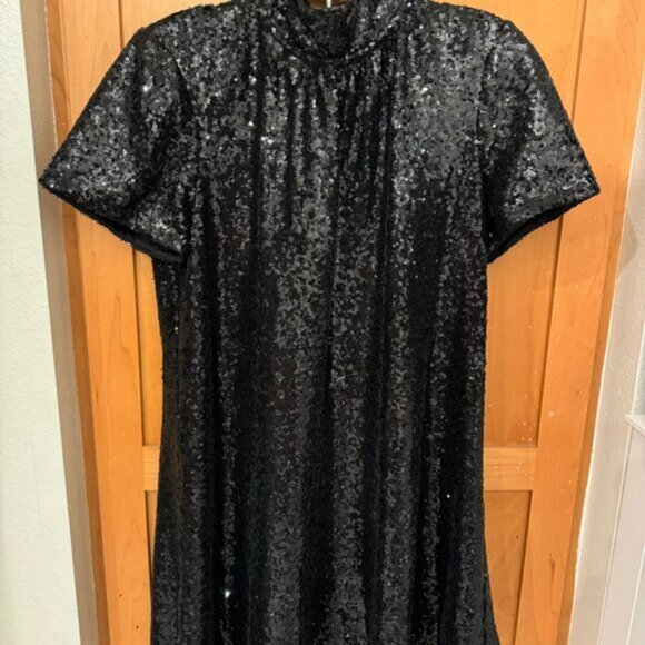 Staud Ilana Black Back Tie Stretch Sequin Embellished Mini Dress Sz Large, EUC - Picture 3 of 6
